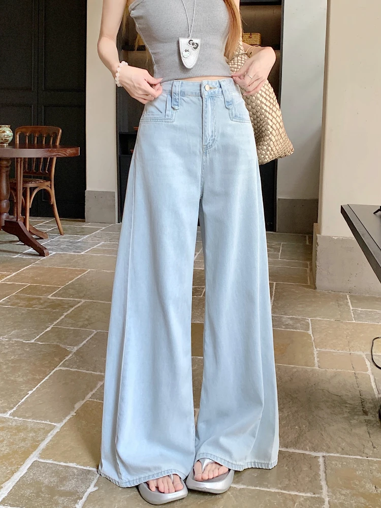 

American style retro vintage washed loose jeans women's summer high waist slimming versatile simple wide leg pants