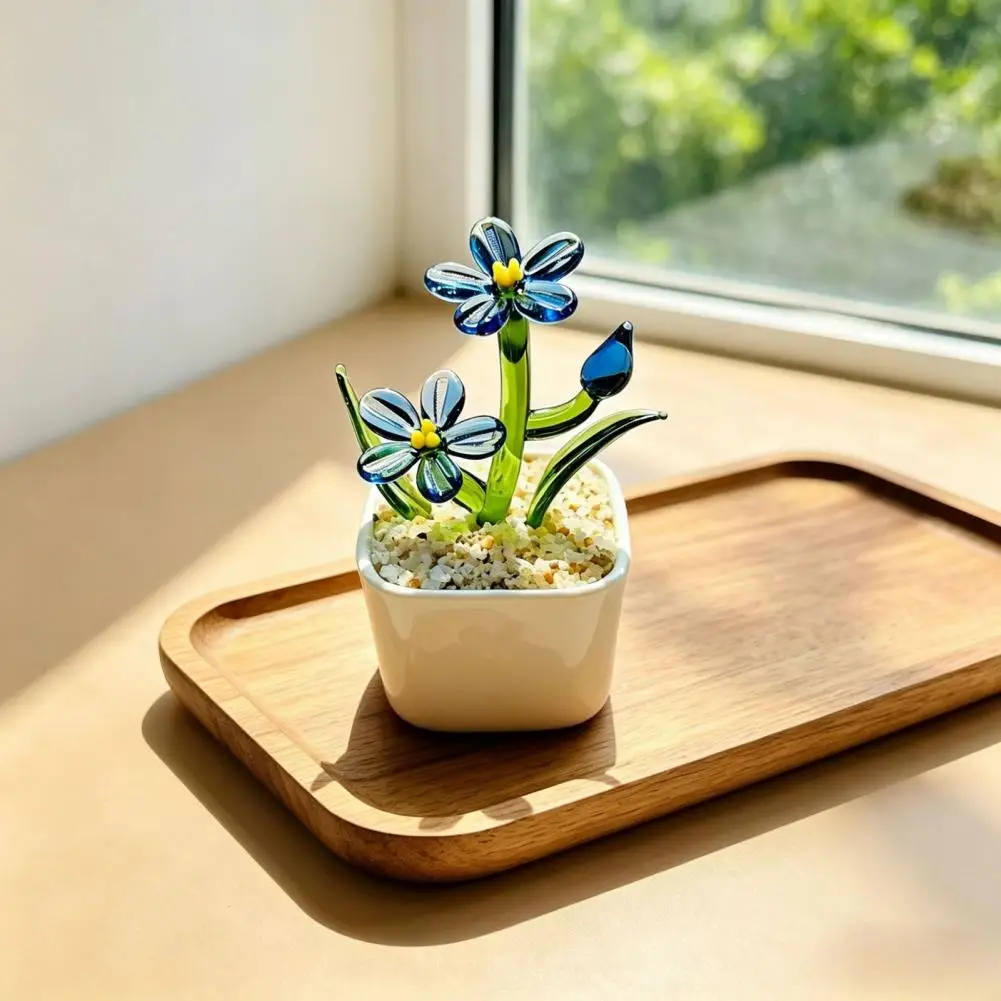 Bookshelf Flower Ornament Hand Blown Glass Flower Figurine Pot Handmade Forget-me-not Everlasting Tulip Ornaments Floral for Mom