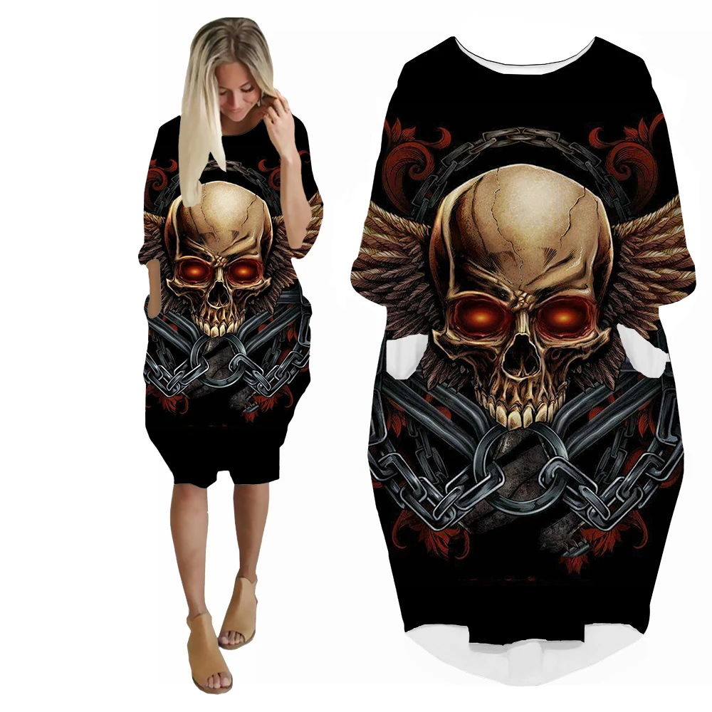 SONSPEE Custom Evil Skull 3D Printing Hip Hop Women's Dress Iron Chain Pattern Skirt Street Horror Style Long Sleeve Gown