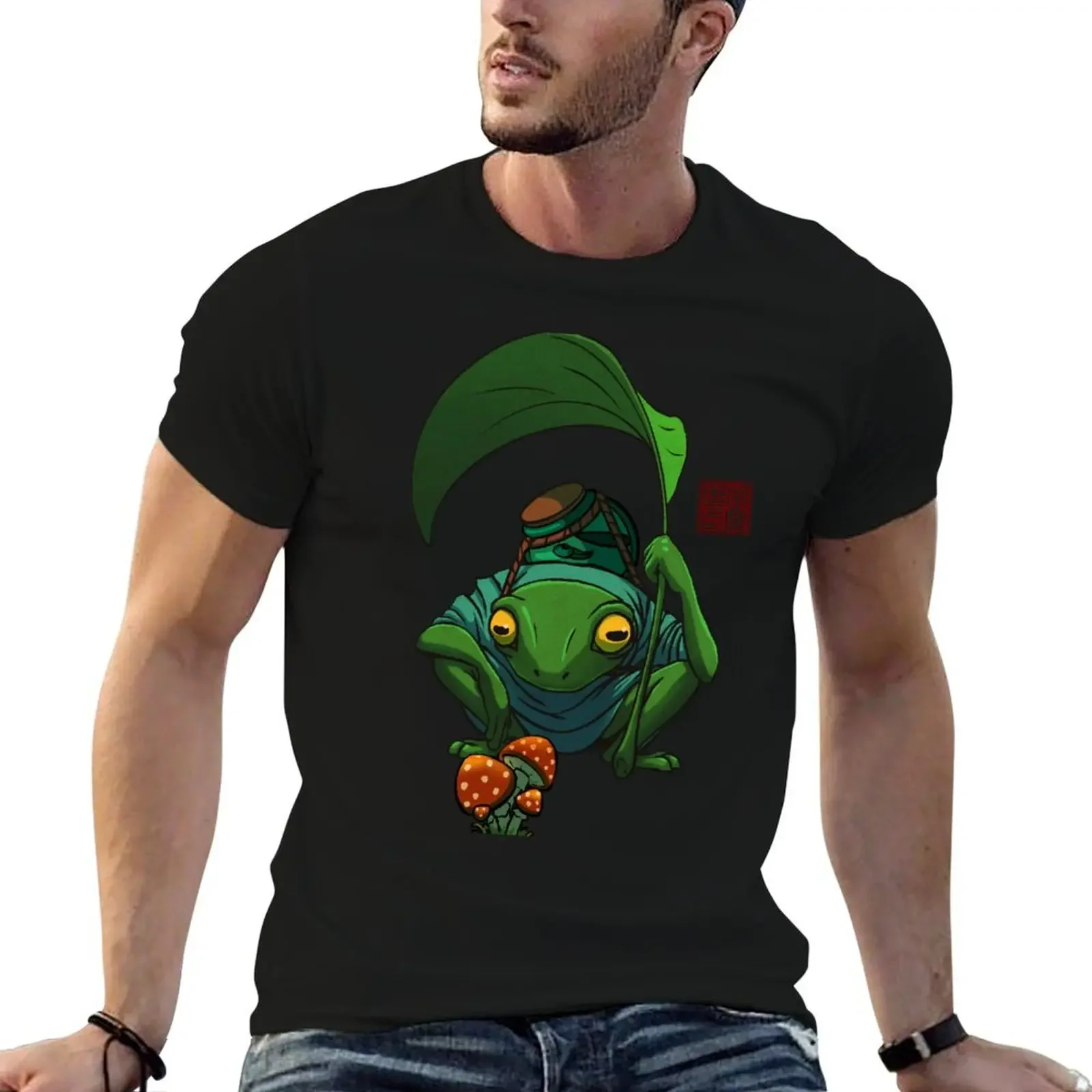 

A Frog and His Son Inspecting Mushroom Drawing T-Shirt hippie clothes oversizeds T-shirts for men cotton