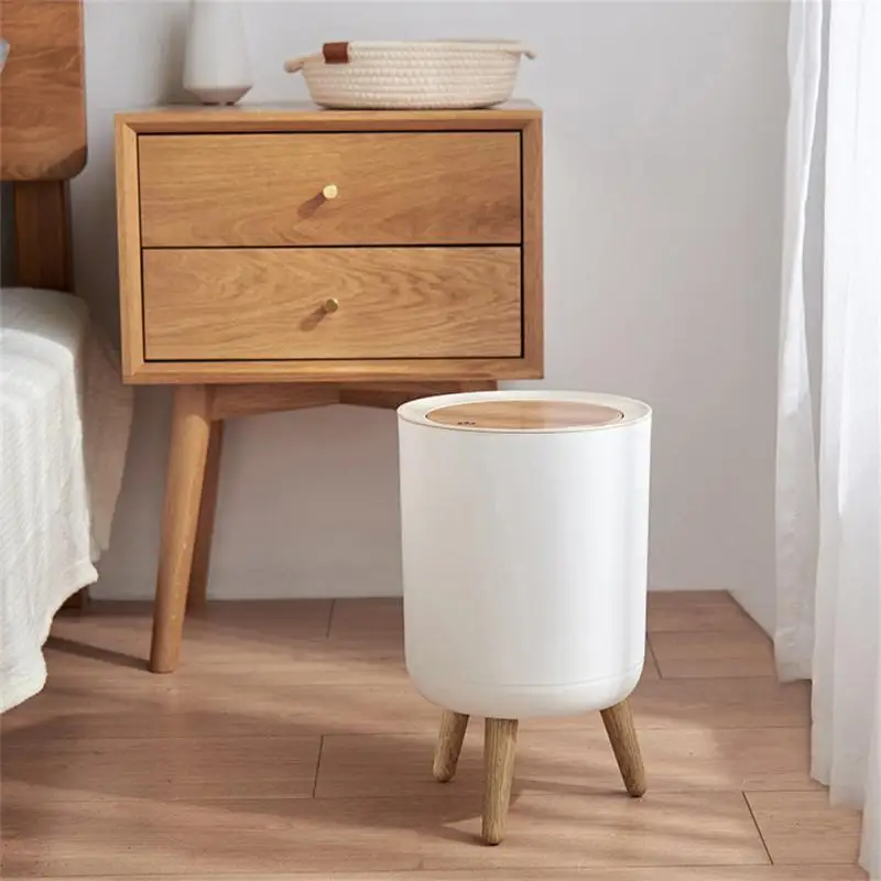 Wood Grain Trash Can Round Trash Bin For Kitchen Bathroom Bedroom Nordic Style Creative Household Accessories Garbage Can Press