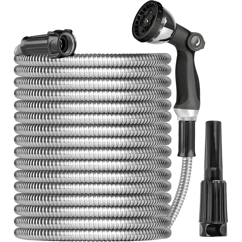 

2024 75Ft Heavy Duty Stainl Steel Water Hose With Sprayer & Metal Fittings Flexible Lightweight Hose Puncture Proof Hose For