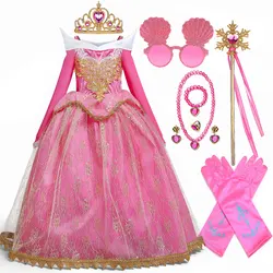 Sleeping Beauty Aurora Cosplay Princess Dresses for Girl Sleeping Beauty Printed Lace Long Sleeve Rose Red Maxi Costume 2-12