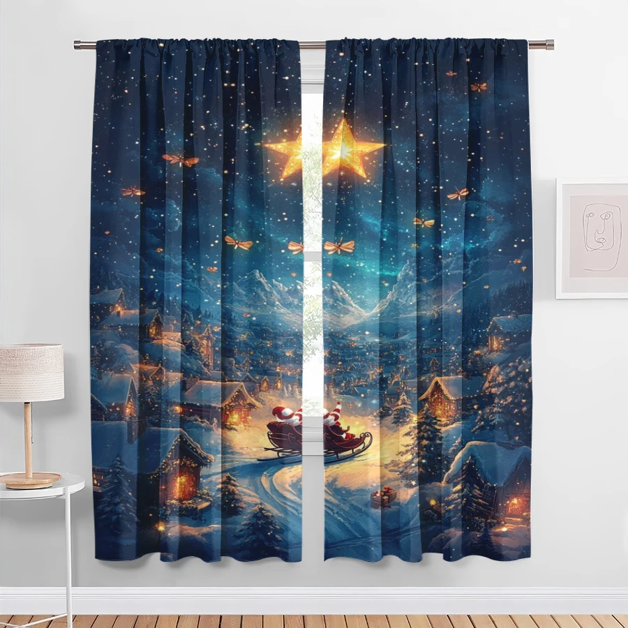 2PCS Christmas Digital Print Curtains, Starry Night Sky Village with Santa Sleigh, Magical for Living Room Bedroom Window Decor