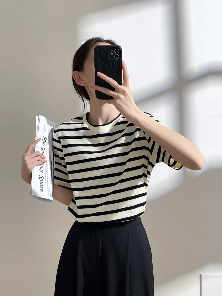 Sommer Baumwolle rund Ne T-shirt frauen ort Sve Lose Abnehmen Casual Top Farbe Blo Basis irt Gestreiften Muster