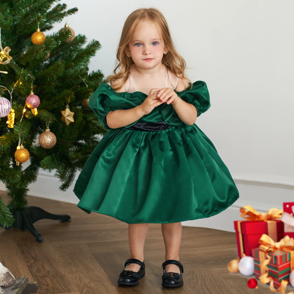 Baby Christmas Dress for Girls Toddler Princess Shoulderless Green 1st Birthday Kids Party Dresses for Girl Wedding Xmas Evening