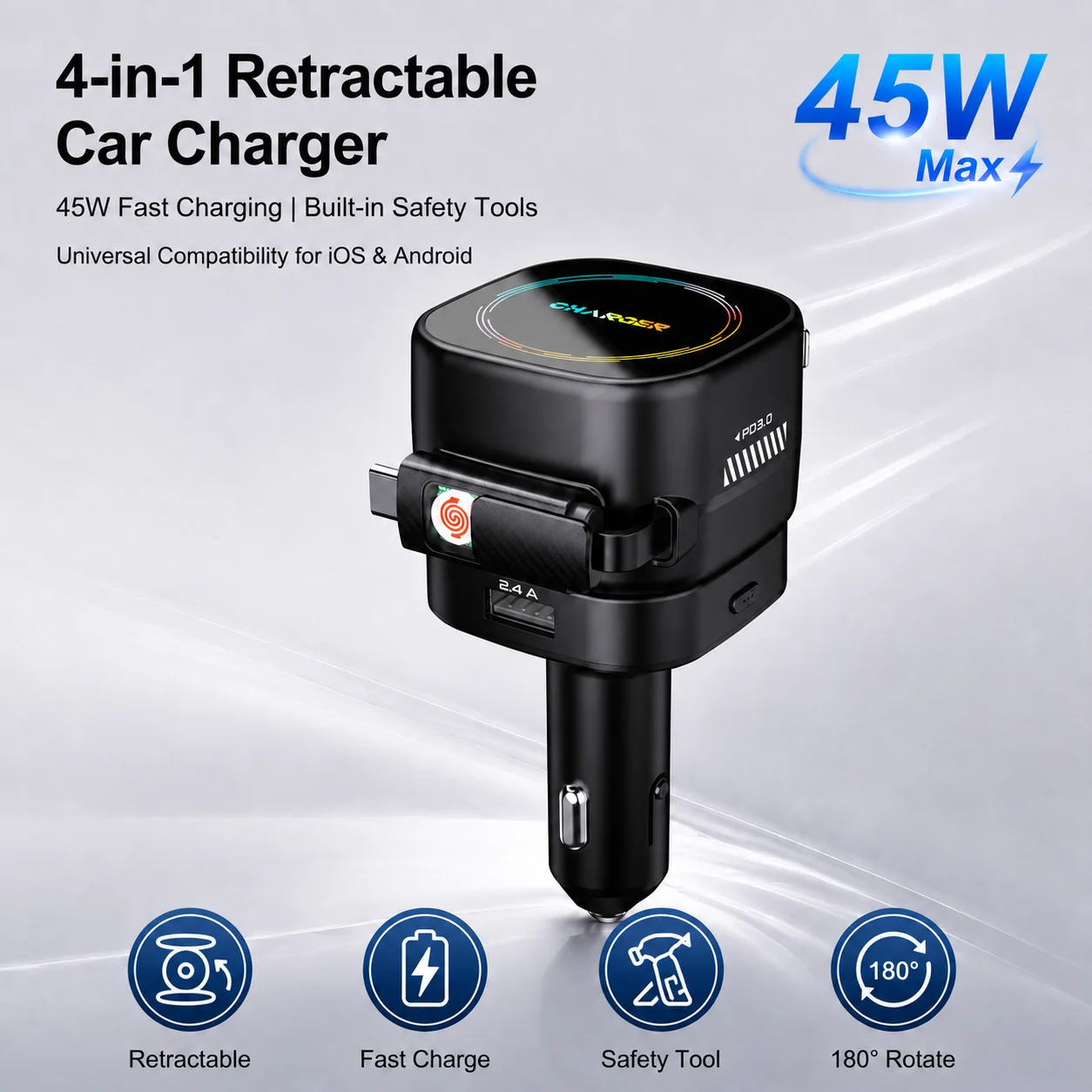 45W 4-in-1 Retractable USB C Car Charger PD Fast Charging Adapter for iPhone Android Car Truck SUV with Emergency Window Breaker