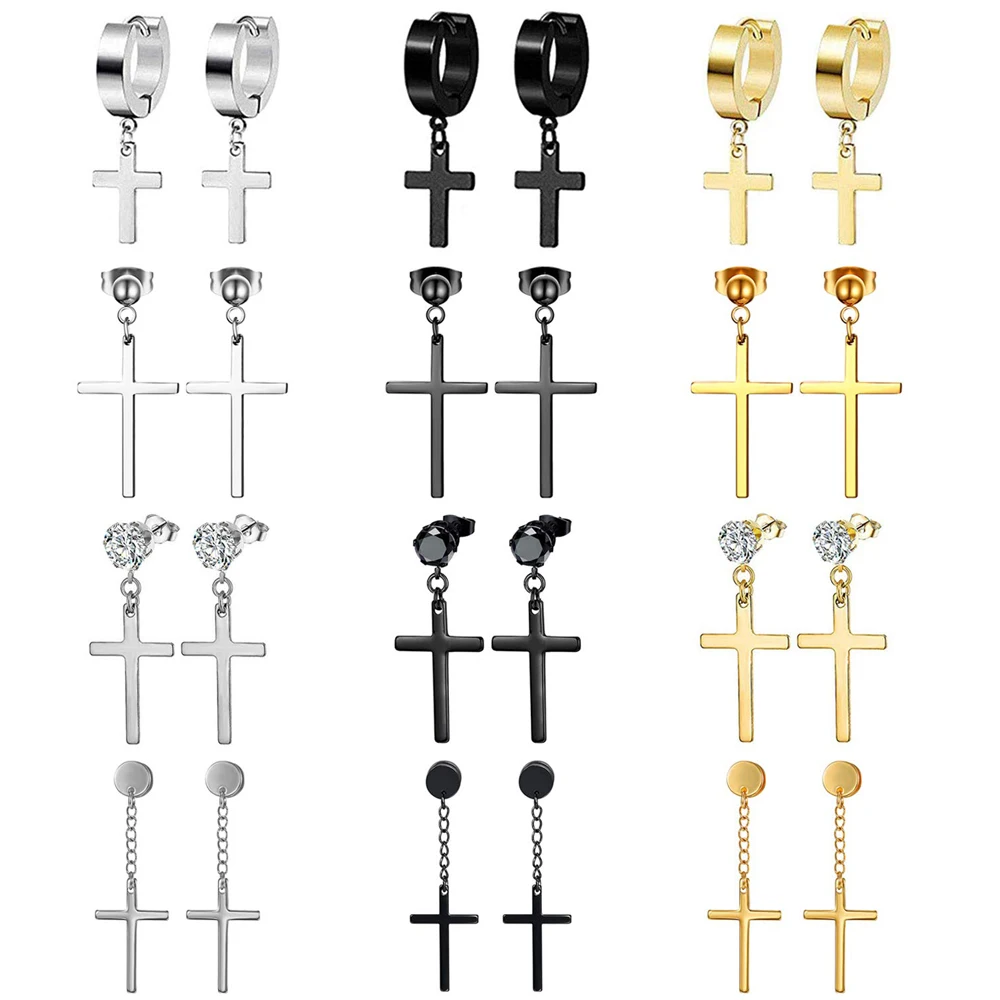 1-12 Pairs Stainless Steel CZ Ball Stud Earrings Cross Dangle Hinged Hoop Huggie Earrings Set for Men Women Silver Black Gold