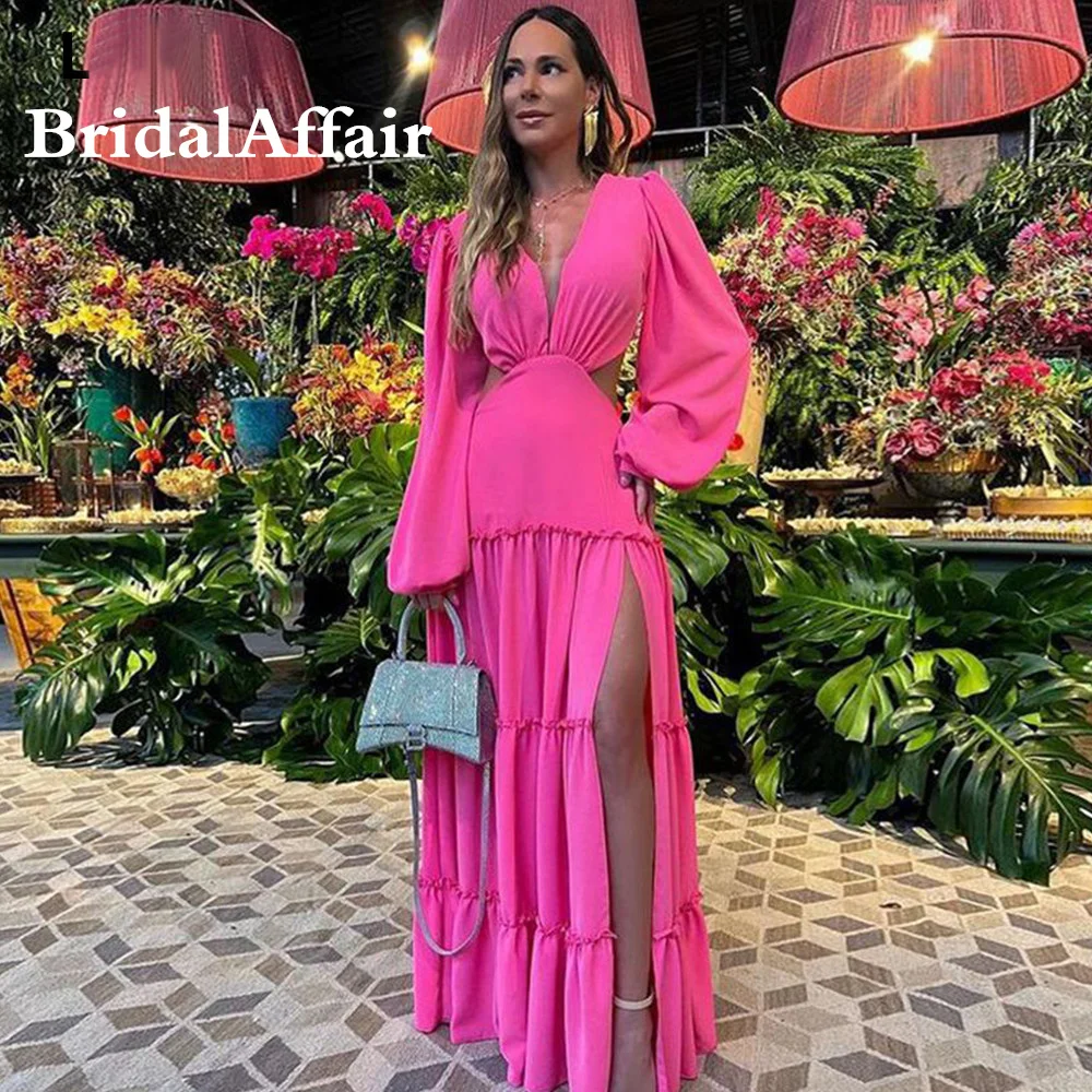 

BridalAffair Puff Sleeves Fuchsia Robe De Soiree Beach Prom Dress 2022 Ruched V-neck Chiffon Evening Gown Abiti Da Cerimonia