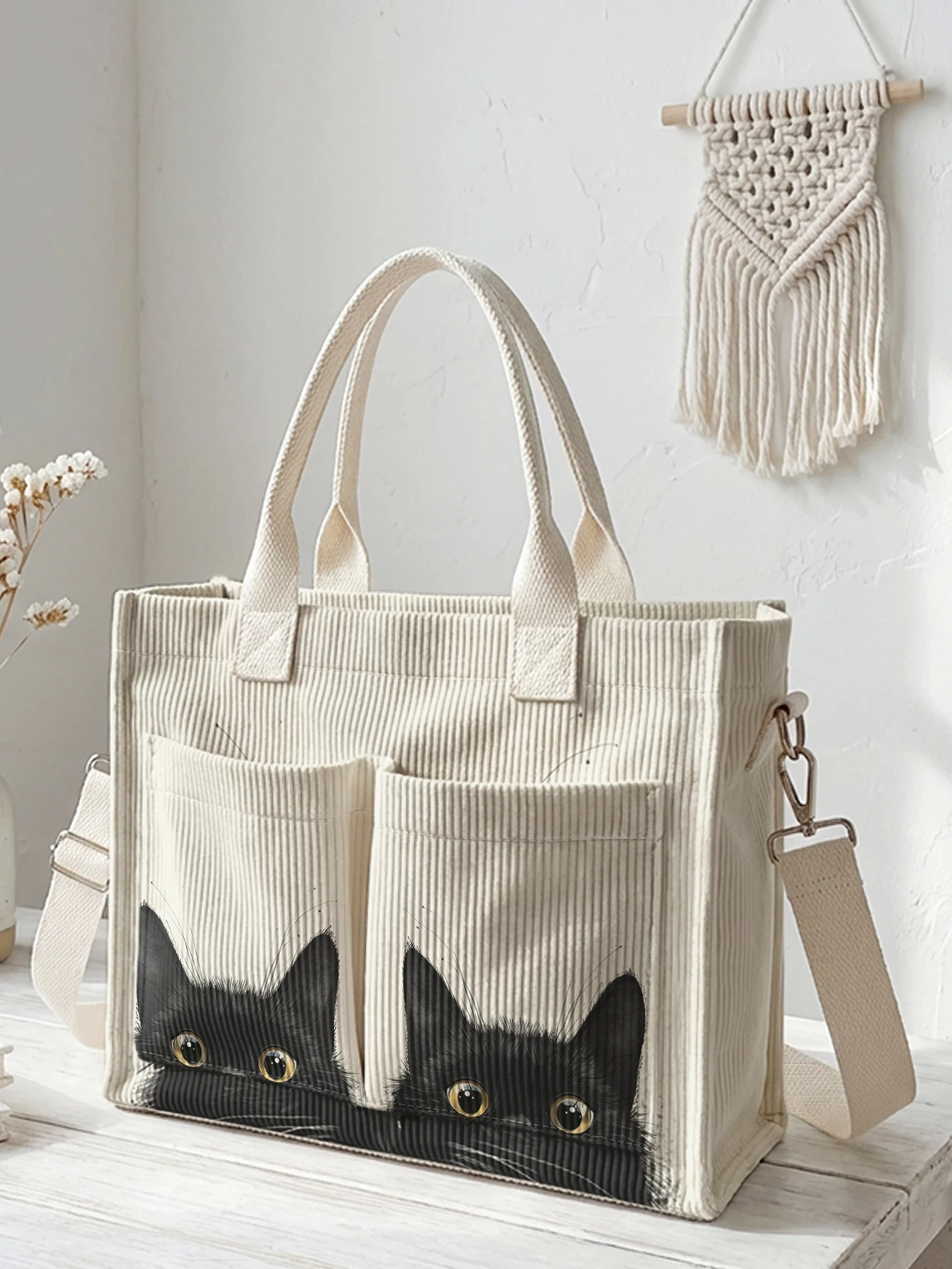 

Сумка-тоут из вельвета с принтом «Посмотревшиеся черные кошки», большая вместимость, много карманов, для любителей кошек, городская сумка через плечо