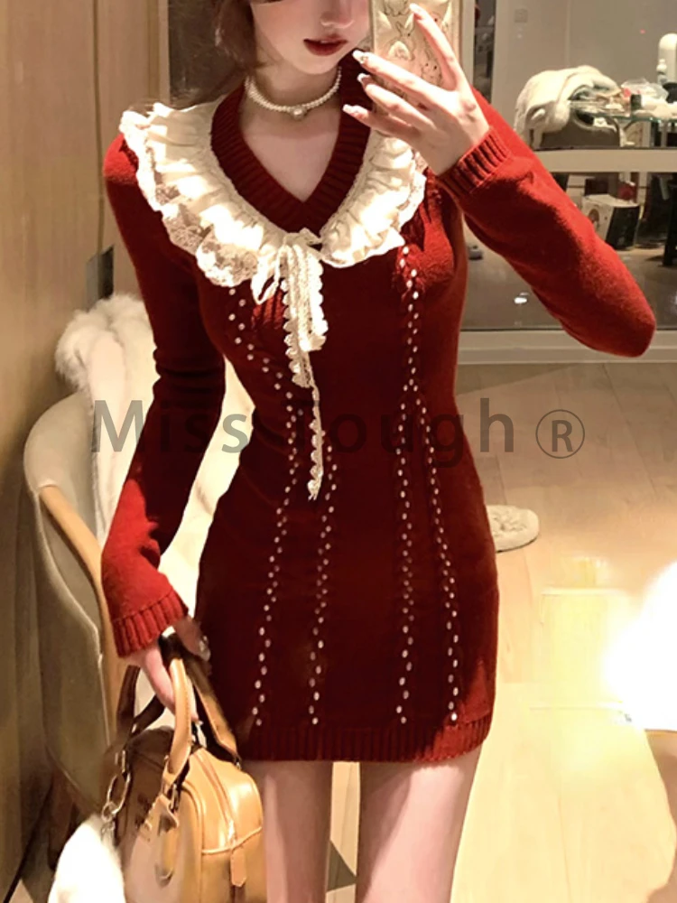 Winter French Elegant Knitted Dresses Women Lace Vintage Chic Party Sweater Dress Female Korean Retro One Piece Dress 2024 New