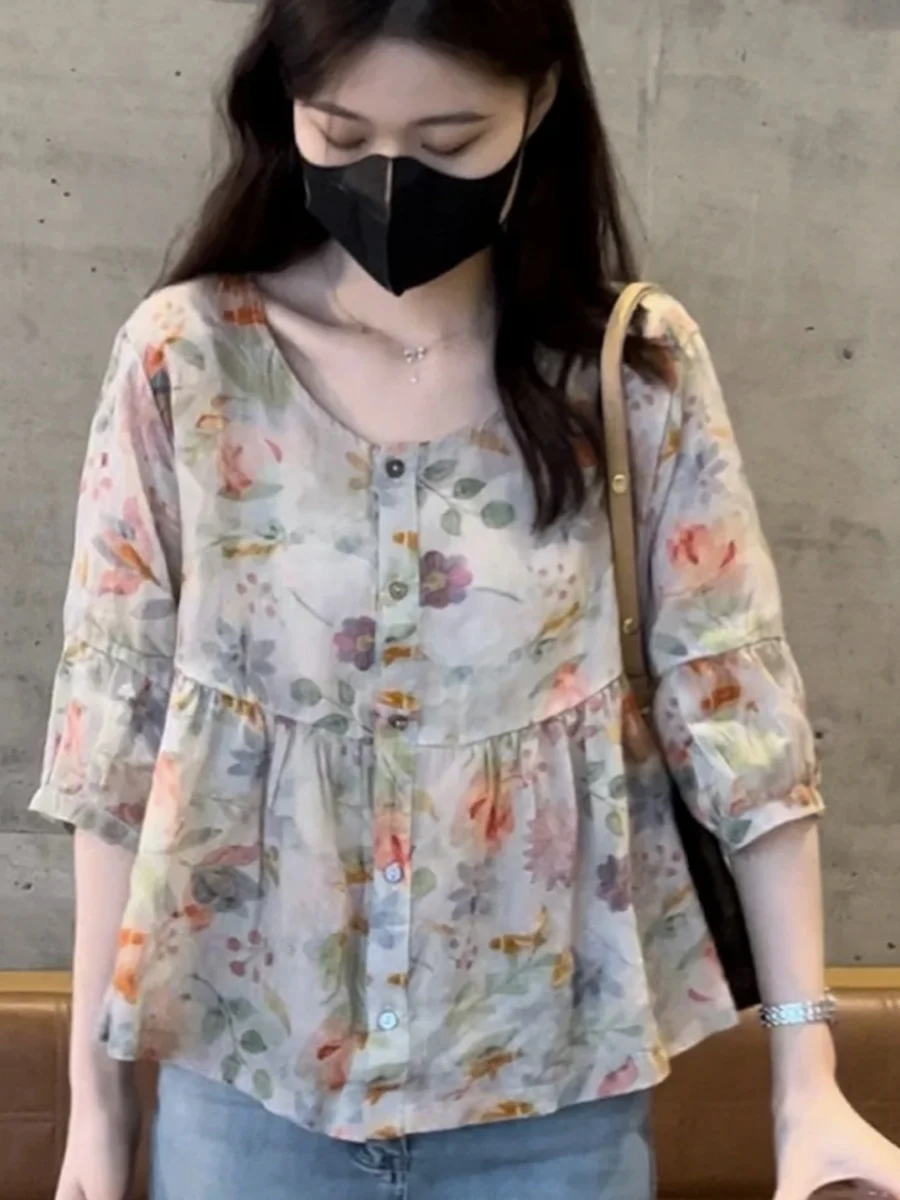 

Летний хлопковый льняной топ с маленьким цветочным принтом Five-Quarter Sve, тонкий круглый женский антивозрастной топ на пуговицах с подолом, большие размеры