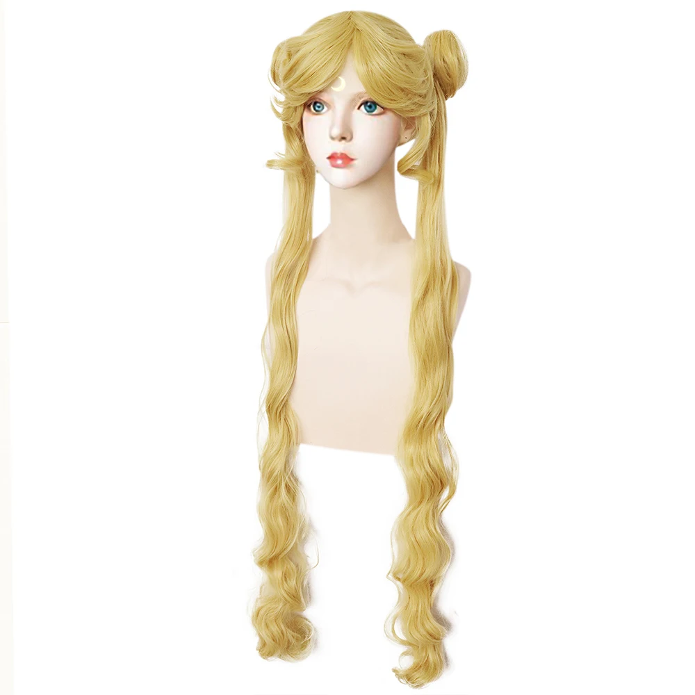 Hoogwaardige Anime Sailor Moon Water Ice Moon Cosplay Synthetisch Haar 38-Inch Gouden Carnaval Comic Tentoonstelling Thema Feestpruik