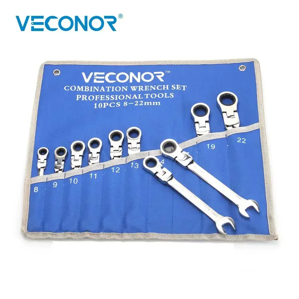 10Pcs 8-22mm Ratchet Spanner Wrench Set 72-Tooth Flexible Head Mirror Polished Tools with Bag