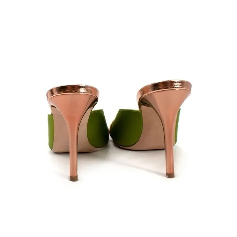 Summer New Fangtou Fish Mouth Silk Surface Lacquer Leather Fashion Slippers Banquet Dress Large Size Stiletto Sandals for Women