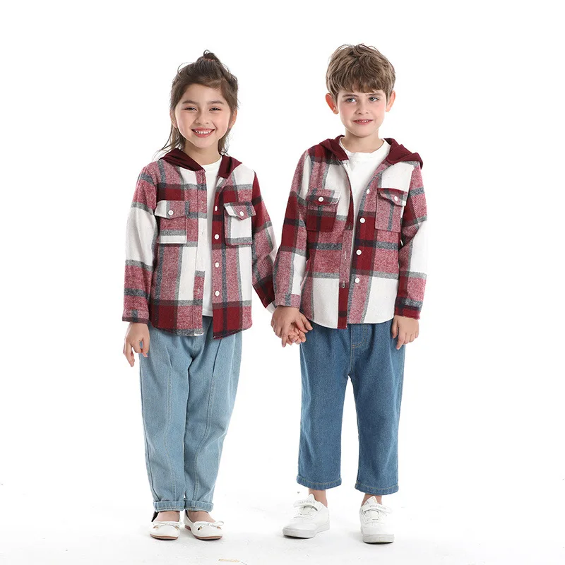 Children's autumn and winter plaid woolen hooded long-sleeved coat Europe and the United States children casual fashion neutral