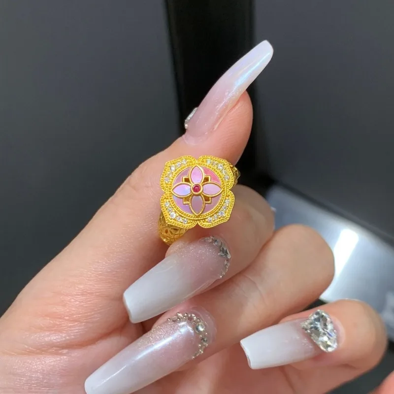 خاتم زهر الخوخ الوردي من المينا في العصور الوسطى للنساء، مجموعة ألماس ذهبية اللولبية، مجوهرات عصرية خفيفة فاخرة على طراز المحكمة