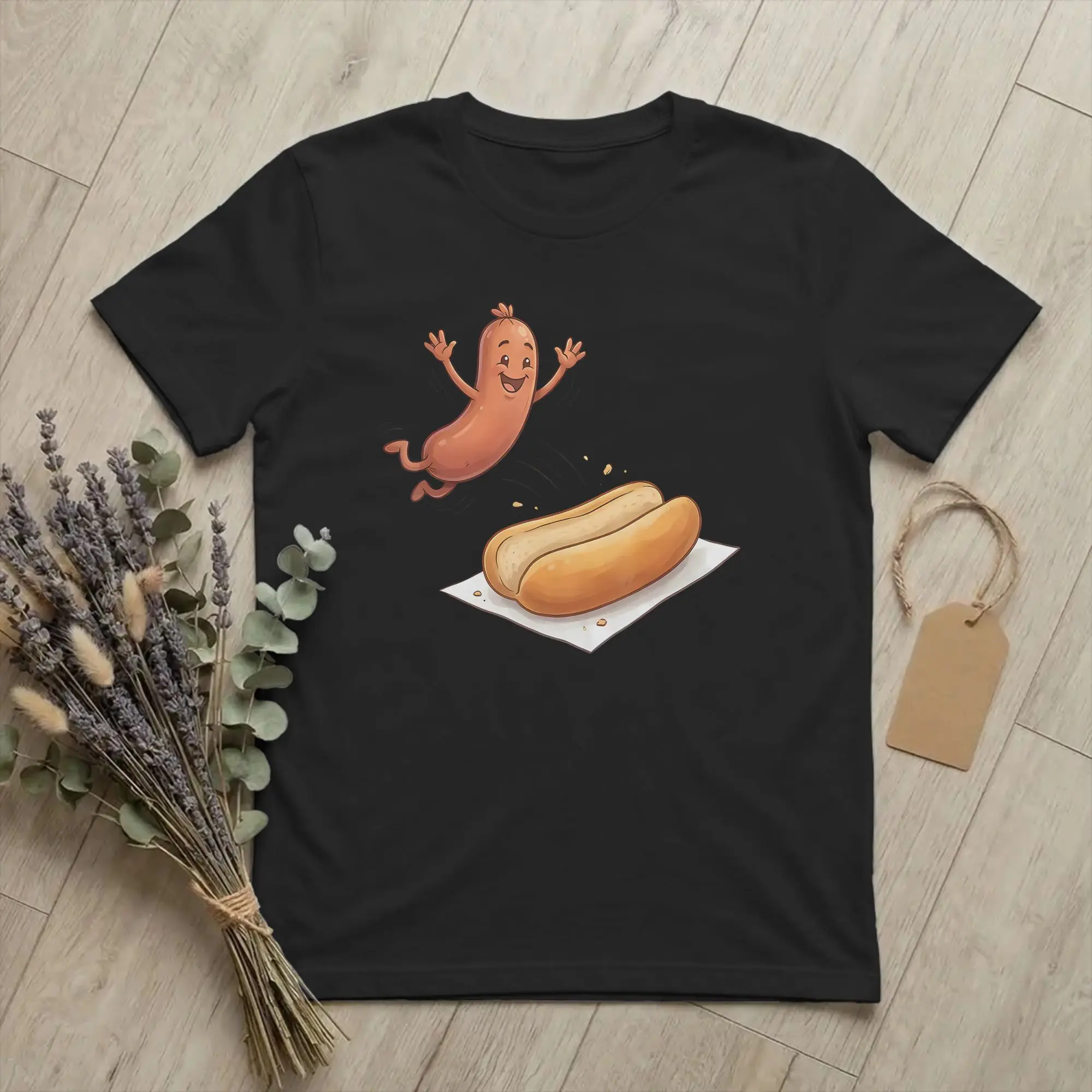 Lustiges Hot-Dog-T-Shirt mit springendem Würstchen im Brötchen für Herren, 100% Baumwolle, lustiges T-Shirt mit Rundhalsausschnitt, Wurst-BBQ-T-Shirt, Kurzarm, Merchandise-Geschenk