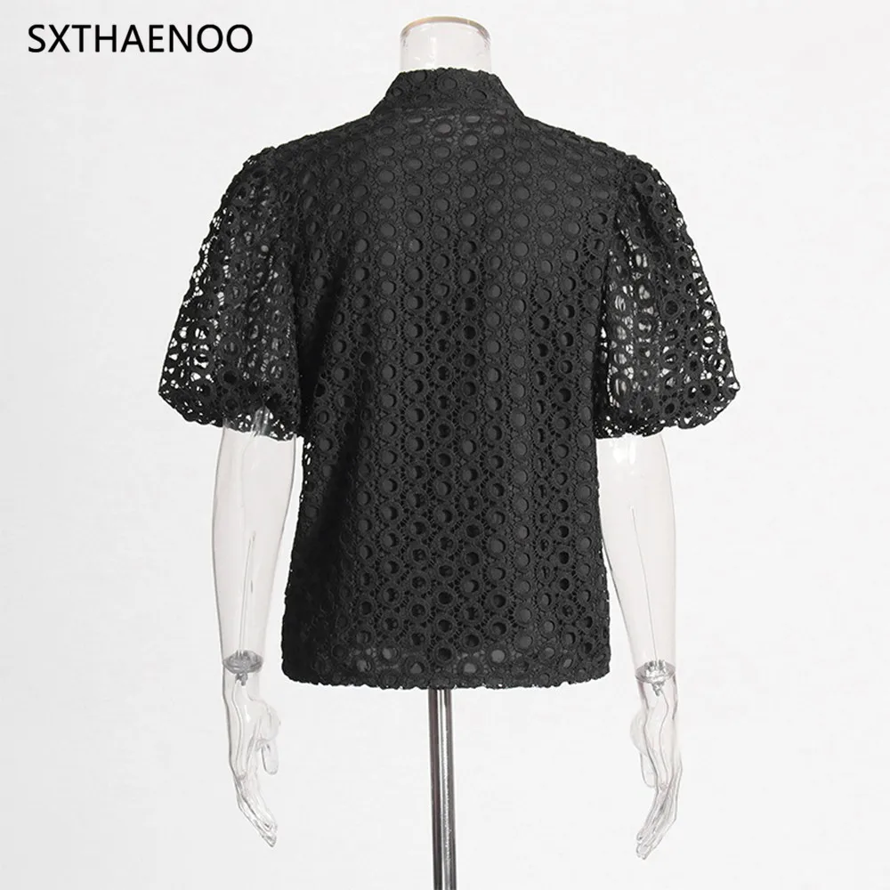 SXTHAENOO Hollow Out Patchwork Appliques Shirts For Women Lapel Puff Sleeve Spliced Single Breasted Slimming Blouses Female 2025