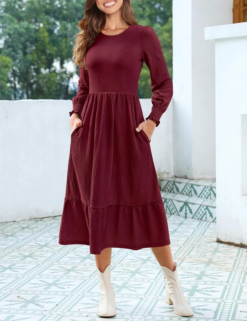 SxerxeS نساء 2025 خريف ربيع كم طويل Crewneck السببية فلوي مطوي المتدرج ألف خط حفل زفاف فساتين متوسطة الطول مع جيوب