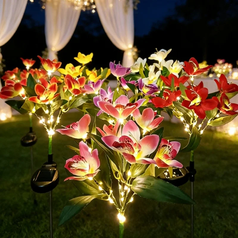 

1pc Artificial Flower Lawn Lights, 7-head Orchid Solar Lights for Garden Wedding Christmas Decoration LED Solar Ground Lights