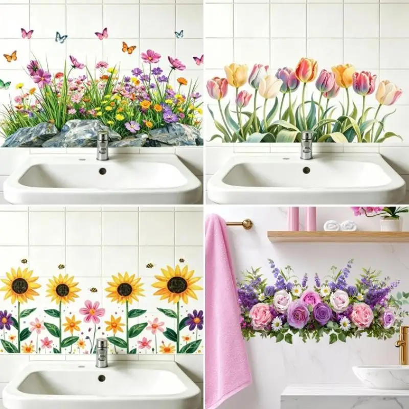Fresh Floral Pattern Sink Area Background Wall Sticker Bathroom Wall Decoration Self-Adhesive Removable Waterproof Sticker