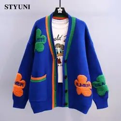 Flower Klein Blue High Street Long Sleeve Acrylic Knitted Loose Women's Sweater Korean Fashion Thick Cardigan Autumn Winter 2023