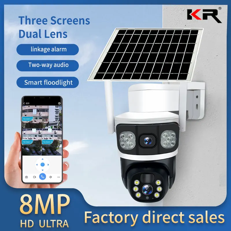 4K12MP Dual Lens Solar Camera Outdoor Security WiFi Surveillance Cameras With Solar Panel Human Detection 4G SIM PTZ CCTV Camera