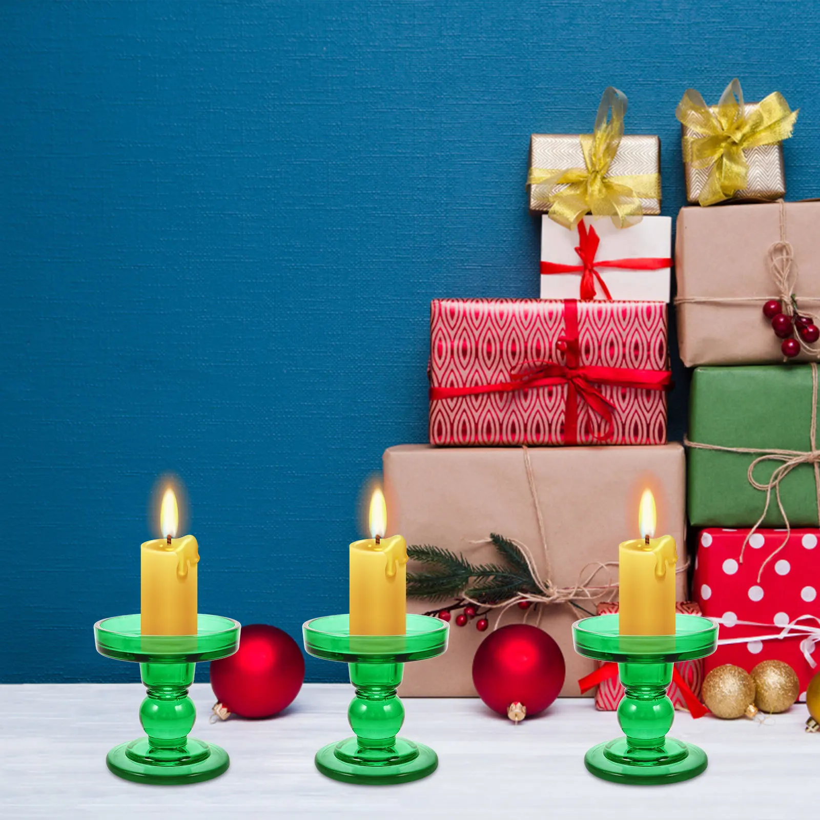 3 قطع من حاملات الشموع الزجاجية الخضراء على شكل أعمدة رومانية صغيرة، حامل شموع مخروطي للزفاف وديكور المنزل