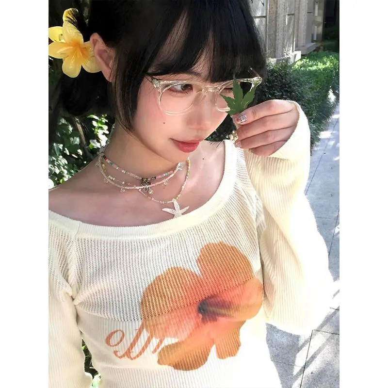 

Korejpaa, корейский стиль, Pull Femme, осень 202, жаккардовые вязаные свитера с вырезом на шее и цветочным принтом, верхняя одежда, повседневный пуловер для похудения, топ