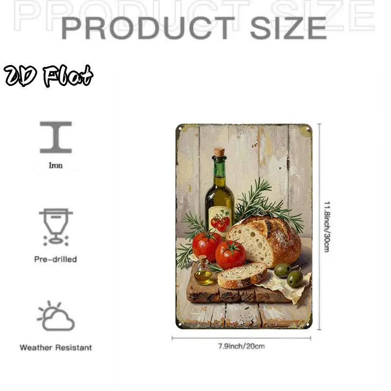 2D Flat - 2D-Flat, 1pc Rustic Olive Oil Bread Still Life Art, Creative Tin Sign Garage Decoration, Bold Lettering, High-Quality
