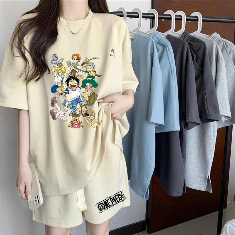 

2PCS One Piece Adult T-shirts+shorts Set Oversized T-shirt for Women Anime Movie Pattern Men Tee Summer Fashion Outdoor Clothes