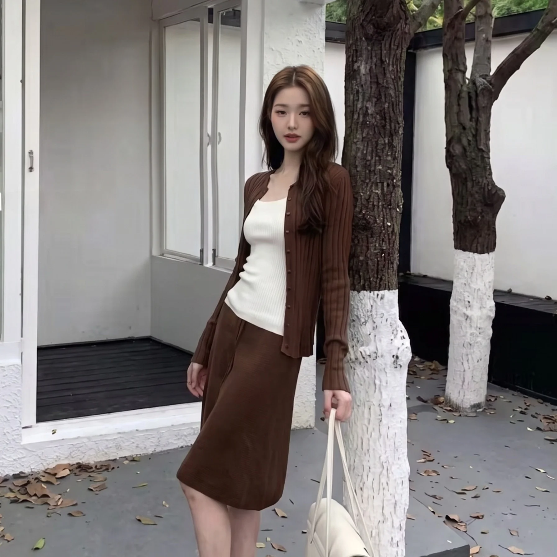 Fall New Style Knitted Open Cardigan Sleeveless Base Vest High Waist Drawstring  Skirt Three Piece Set Korean Style Women...