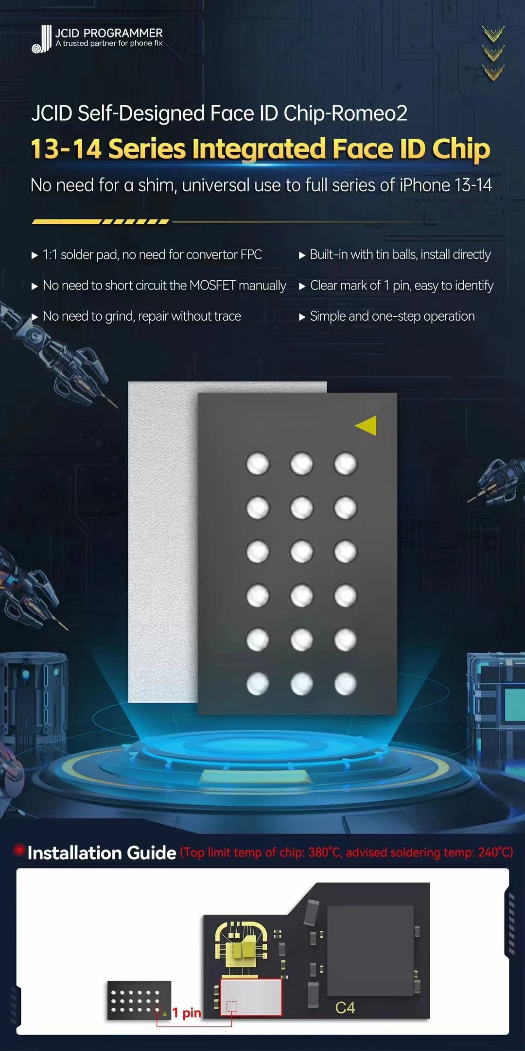 JCID JC Romeo-2 Face ID Chip, Dot Matrix Replacement, Face ID Chip for iPhone 13, 14, 15 Series, IC Repair