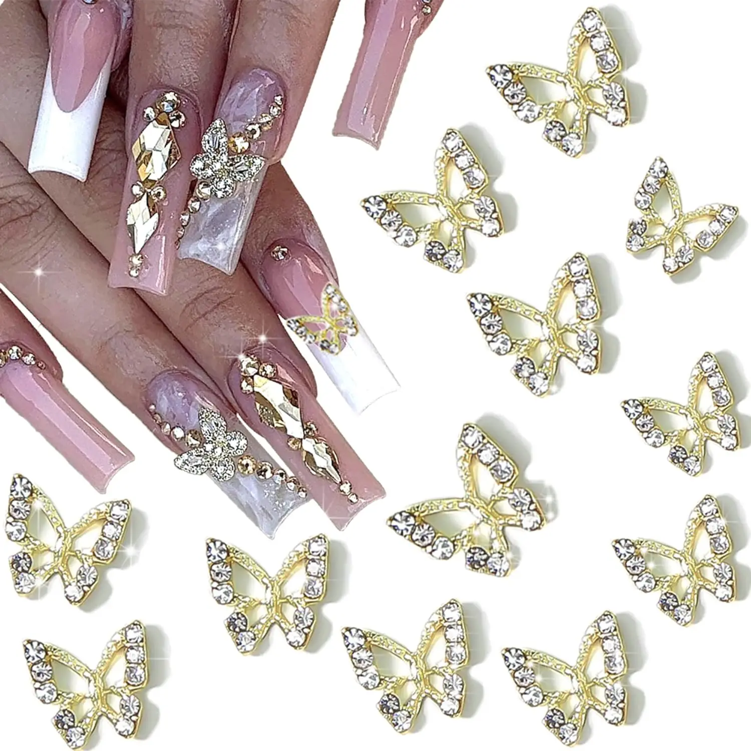 Diamantes de imitación de mariposa para uñas, 10 piezas, plata, oro, encanto de uñas de mariposa 3D, decoraciones de lujo para arte de uñas, accesorios de manicura con purpurina DIY