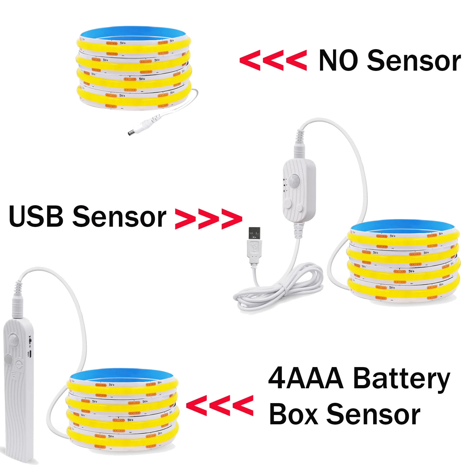 Motion Sensor LED Strip Light 5V USB Flexible COB Lights 4AAA Battery Density Linear Light 8MM 320LEDs Ribbon Rope for Backlight