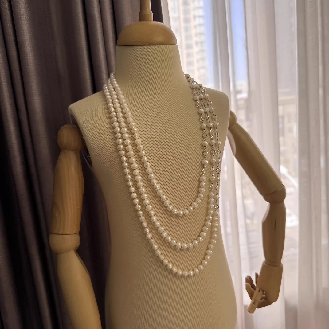 3 Rows Cultured Rice Pearl Necklace Silver Plated Connector Jewelry Gifts