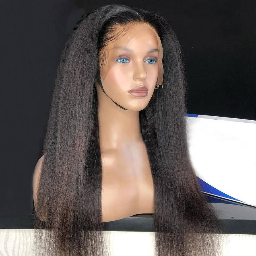 Glueless Soft Yaki Straight Natural Black Long 180 densità parrucca anteriore in pizzo per le donne capelli del bambino 26 "lungo resistente al calore prepizzicato