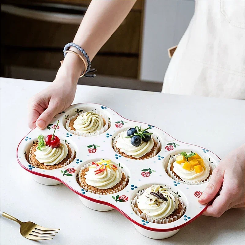 

Six grid original ceramic baking tools bakery baking soufflé cake bowl pan home egg tart mold kitchen dessert accessories