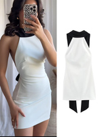 TFMLN Women Halter Mini Dress Classic Black White Contrast  Backless Slim Vestidos Short Dress Female Fashion Street Party
