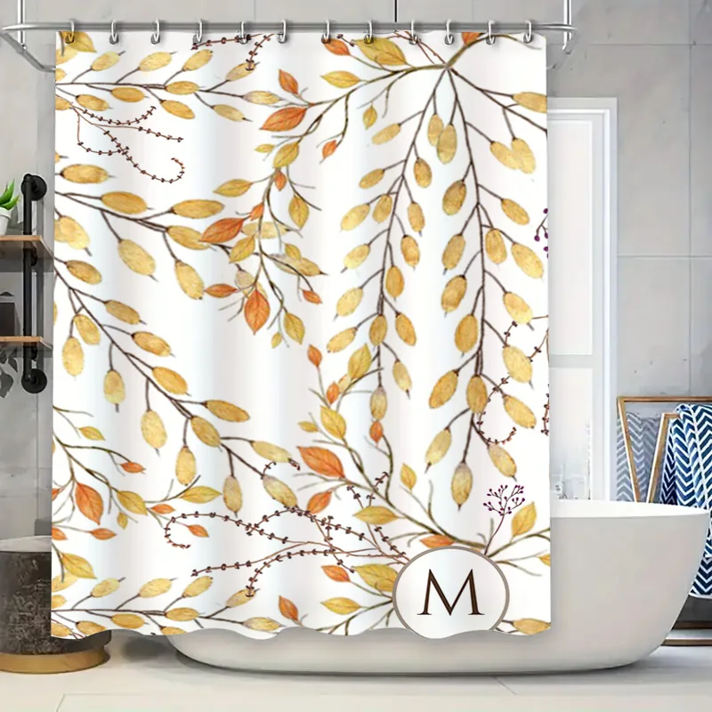 Leaves Pattern Shower Curtain with Monogram for Bathroom Decor T2437A01F-White-M