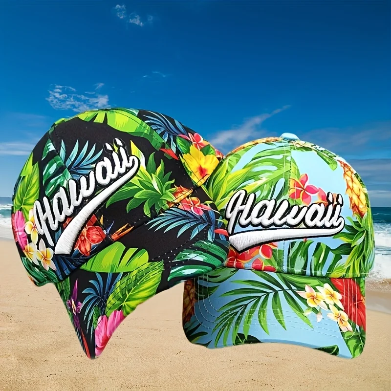 Hawaii Tropical Print Trucker Hat, Summer Floral Baseball Cap for Men Women, Adjustable Breathable Dad Hat for Beach Vacation