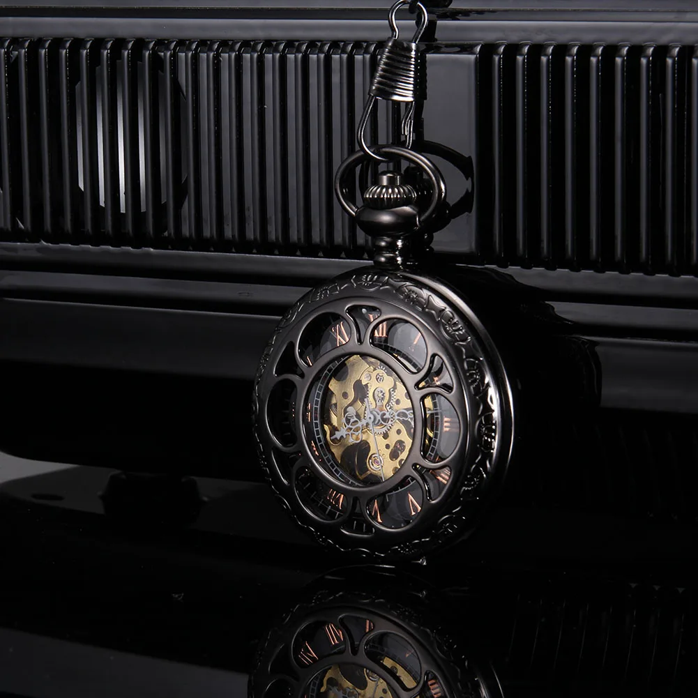 Fashion Quartz Pocket Watch Black Hollow Petal منحوتة مع سلسلة Steampunk Copper Fintage Black Series معلقة الساعات