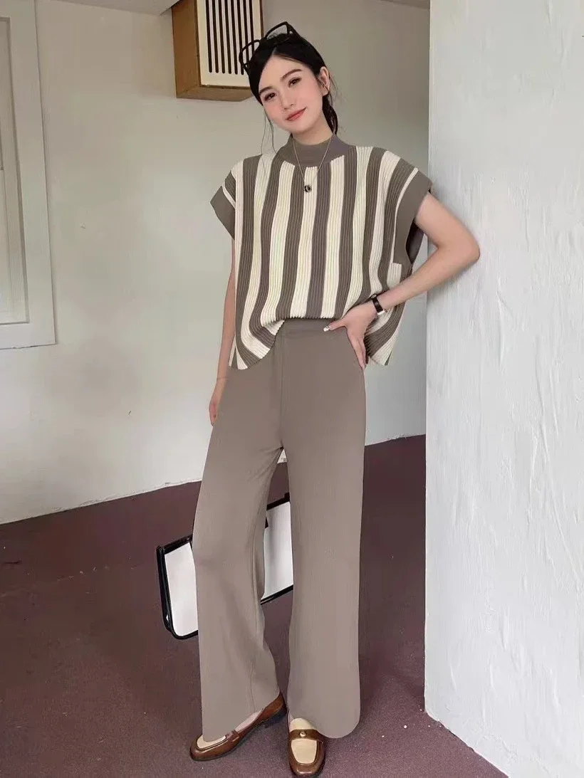 Elegant Pullover Women Suit Wide Leg Pants 2 Piece O-neck Casual Striped Top Ladies Sweatshirts Summer Female Clothing Pants Set