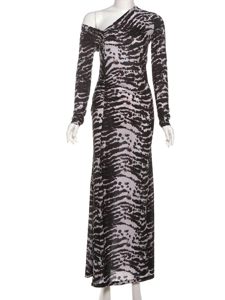 Strano gatto patchwork design abito lungo donna tendenza autunnale spalla inclinata manica intera skinny elasticizzato stile selvaggio streetwear