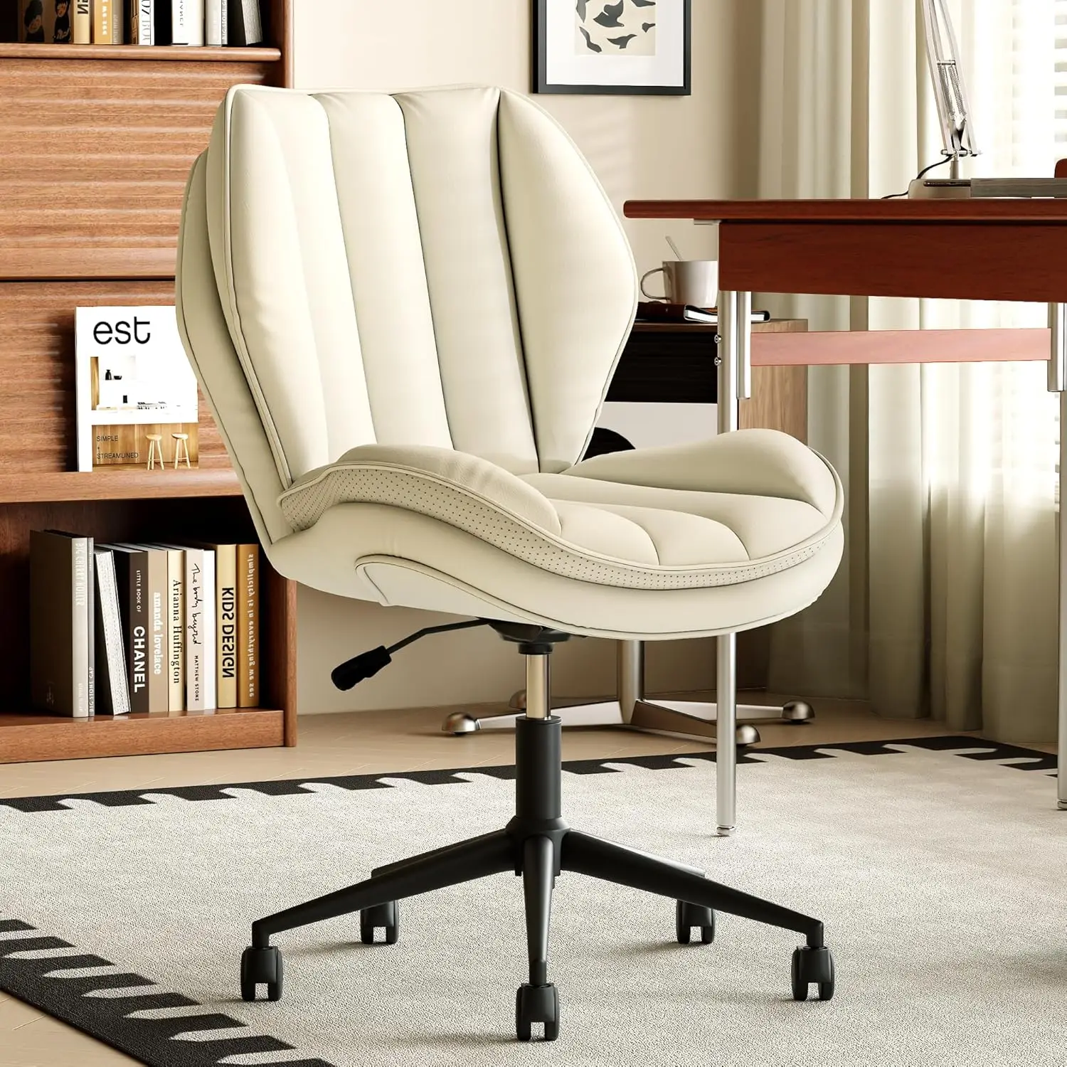 Adjustable Height Armless Office Chair with Wheels, Ergonomic Mid Back PU Leather Computer Desk Chair, Walnut Curved Seat Design