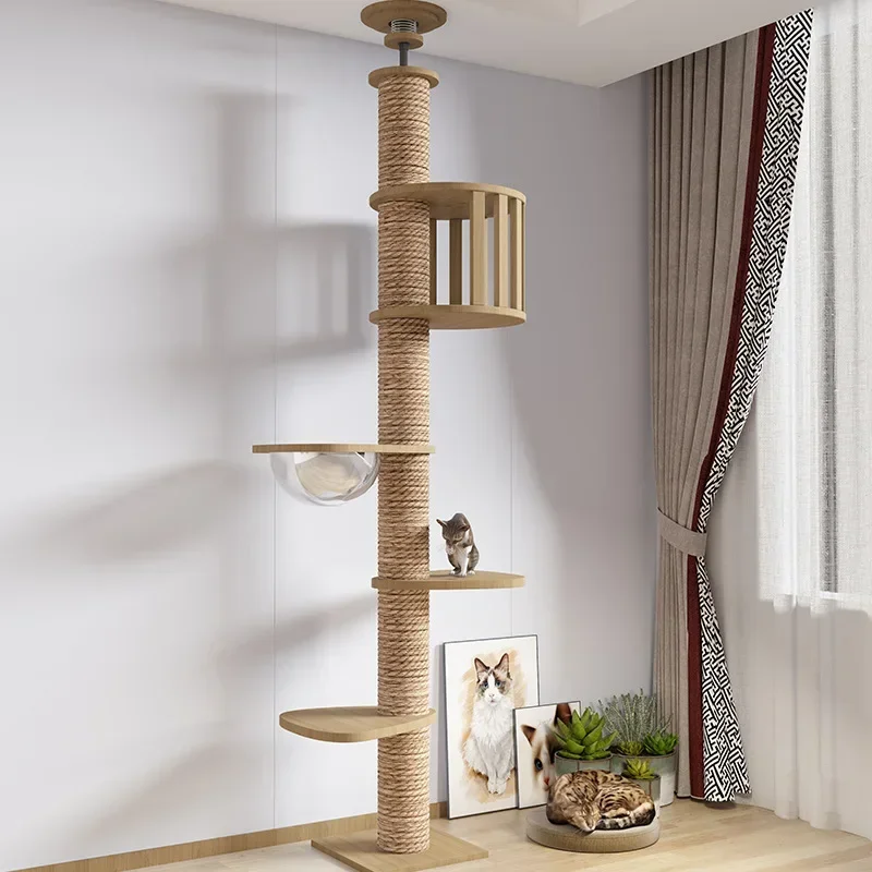 Solid Wood Floor-to-ceiling Cat Climbing Frame Space Capsule Jumping Platform Cat Tree Condo Furniture Scratch Post Pet House