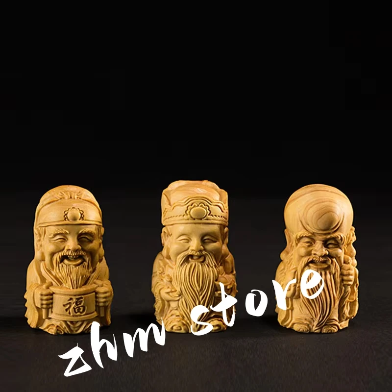 

3*3.5*6cm Buddhist Suppliers Creative Quality Boxwood Exquisite Carving Fu Lu Shou God Clear Pocket Handle Pieces Crafts