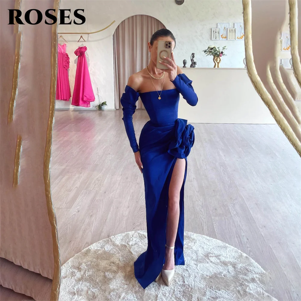 

ROSES Royal Blue Prom Dress Mermaid Sexy Celebrity Dresses Off the Shoulder Women's Evening Dress 3D Flower Formal Gown 프롬 드레스