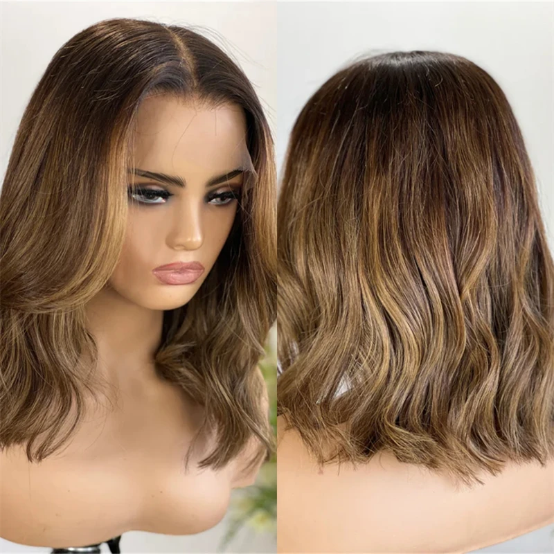 

Синтетический парик 13x4 Ombre Brown Blonde с HD-кружевом спереди, с темными корнями, естественной линией роста волос, короткий волнистый боб, высококачественные парики